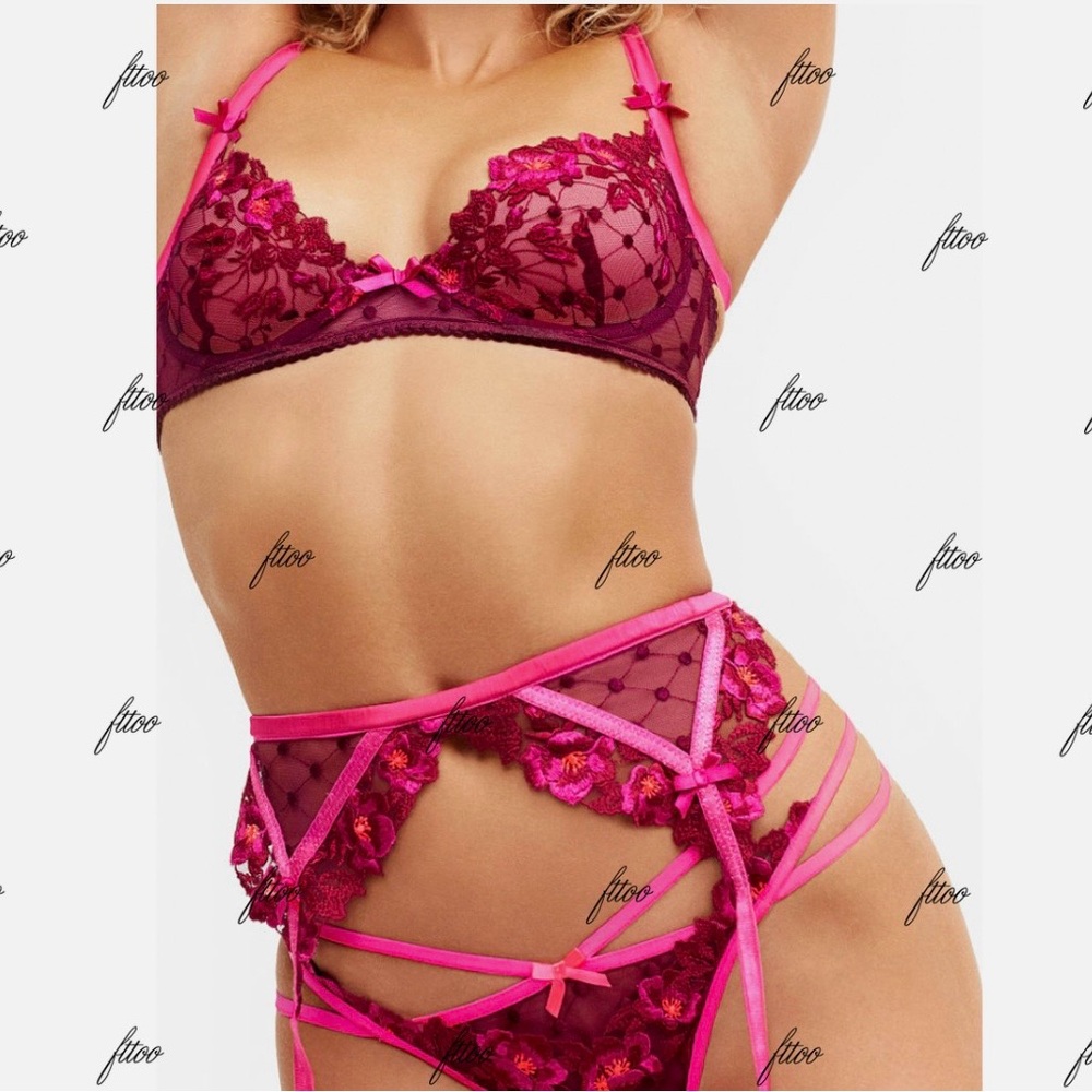 For Love And Lemons Pink and Red Lace Bra Set